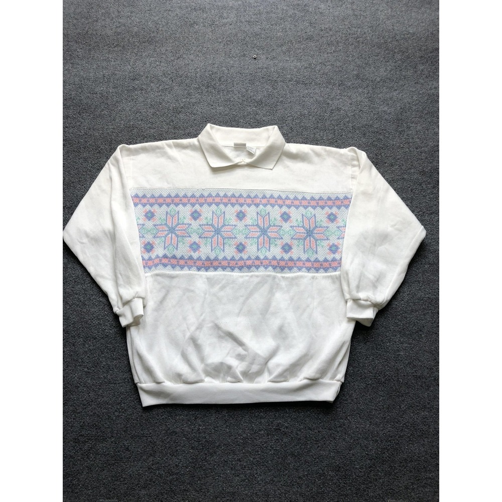 Vintage Honors Apparel Fleece Sweatshirt Womens Large White Fair Isle 80s